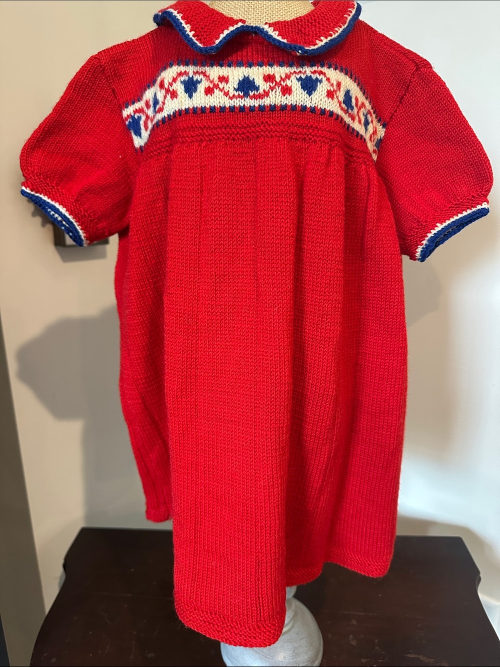 Vintage Baby Hand-Knit Red Short Sleeve Sweater Dress with Blue & White Trim.